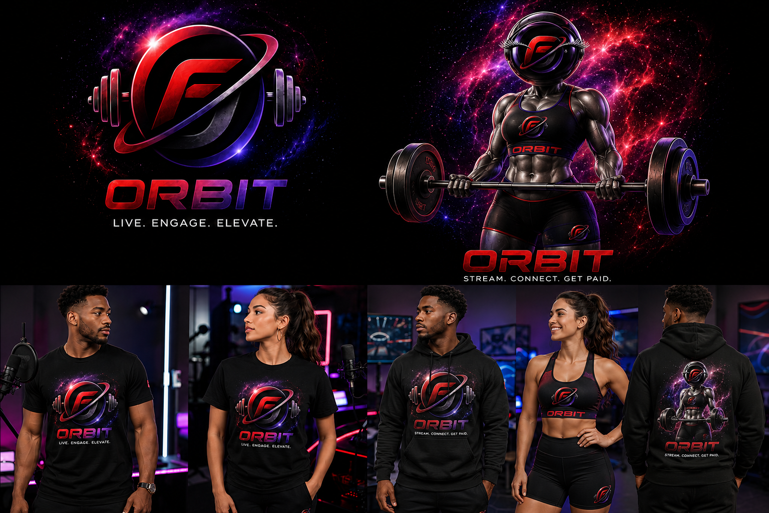 The Orbit merch line-up — the ORBIT 'LIVE. ENGAGE. ELEVATE.' logo tee, the mascot 'STREAM. CONNECT. GET PAID.' athlete, and the full apparel range: front-logo tees, hoodie, sports-bra training set, and the mascot back-print hoodie.